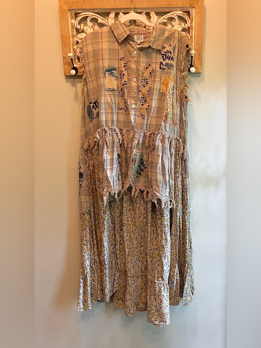 Jaded Gypsy High-Low Floral/Plaid Duster Frayed Edges NWT L/XL